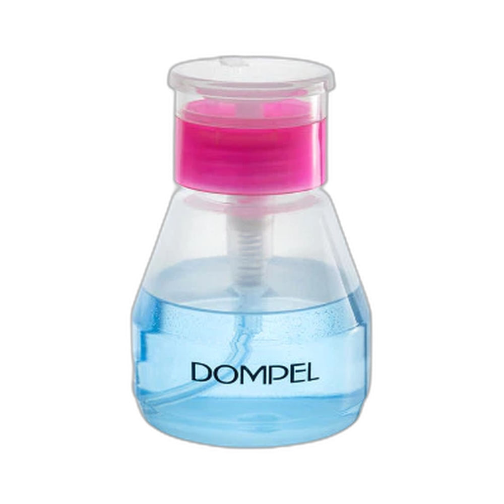 Porta Acetona Dompel 4526 140ml com líquido azul no frasco e válvula pump rosa